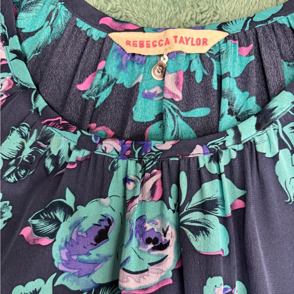 Rebecca Taylor Floral Silk Tie-Waist Blouse Purple Teal Short Sleeve Top - Picture 3 of 6